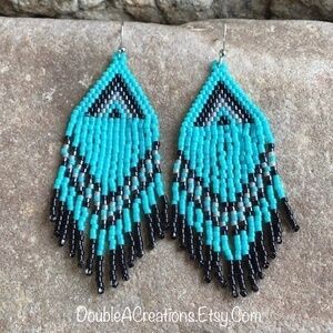 Turquoise Beaded Earrings with Fringe, New, Handmade By Me